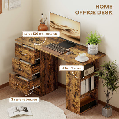 Lomoto 120cm Rustic Brown Home Office Desk With 3 Shelves And 3 Drawers
