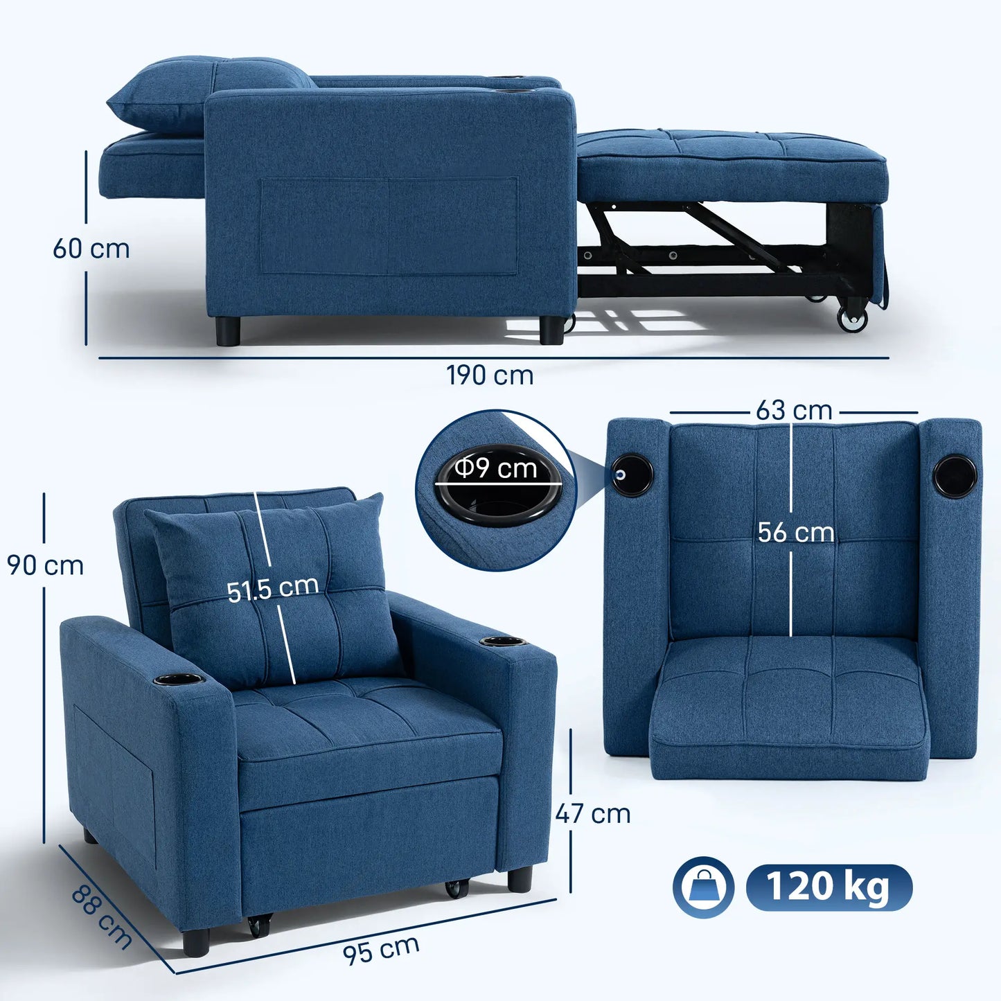 Norapa Fabric Dark Blue 3 In One Convertible Single Sofa Bed