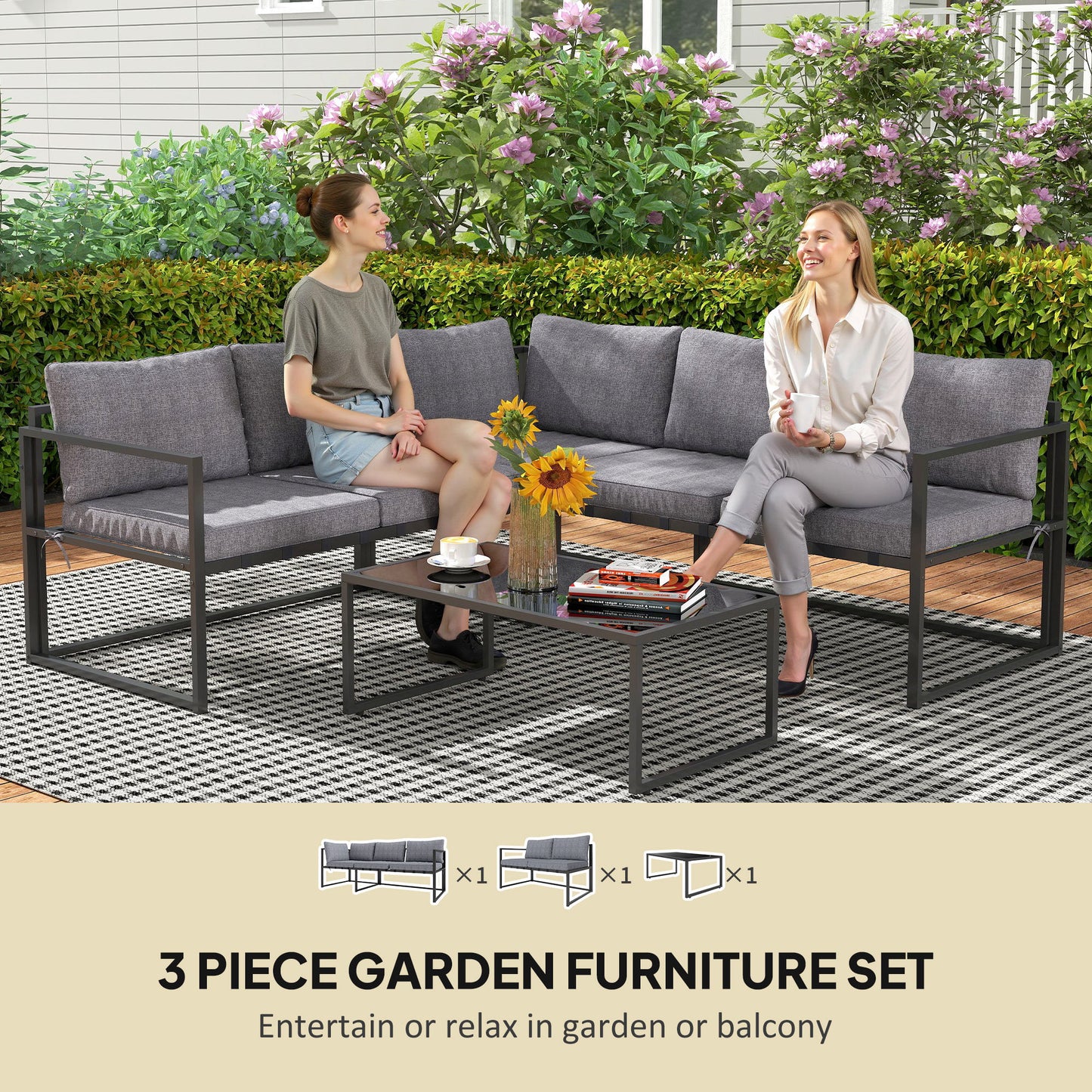 Liketti Metal Grey 5 Seater L Shaped Garden Sofa Set With Cushions and Glass Table