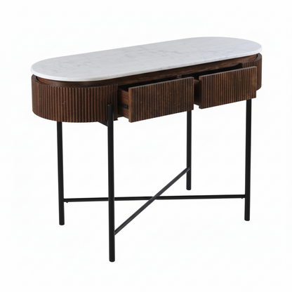 Alabama Ribbed Mango Wood Console Table With Marble Top and Metal Legs