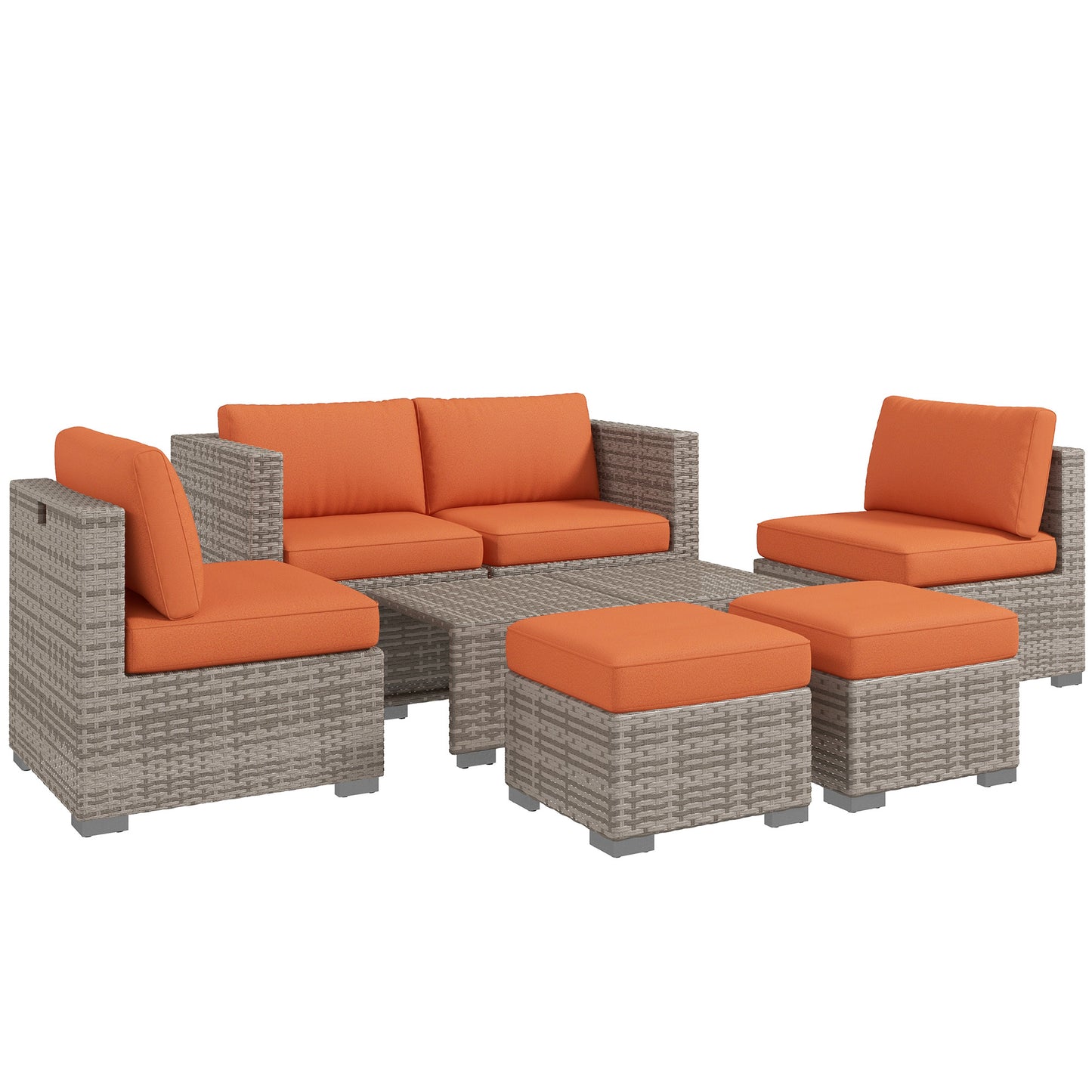 Suve Grey Rattan 6 Seater Garden Furniture Set With Orange Cushions