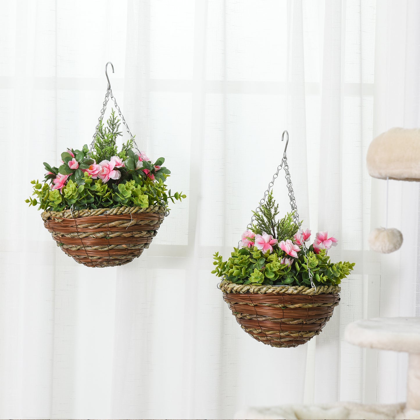 Fifi Set Of 2 Hanging Artificial Lisianthus Flower Displays In Pink And Green