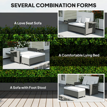 Taelre Rattan Light Grey Outdoor Daybed With Matching Footstool White Cushions