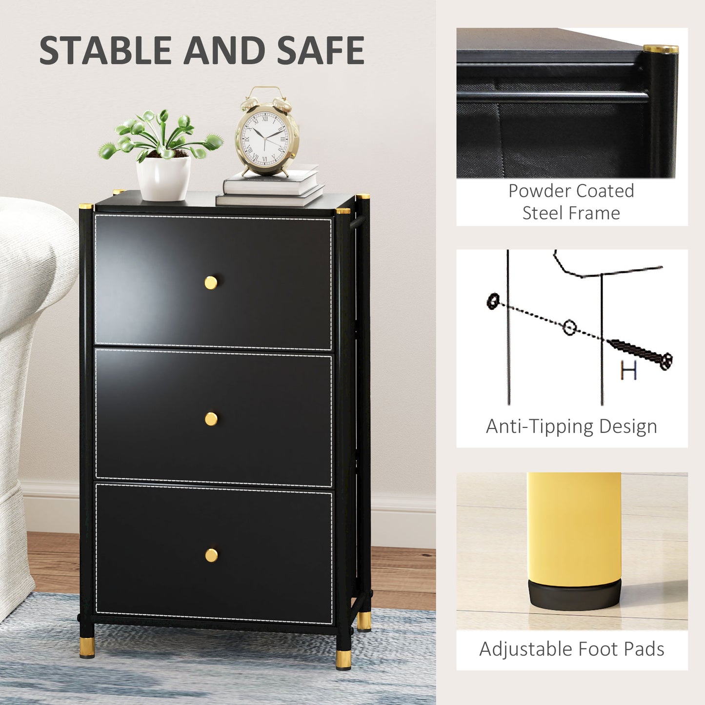 Ditari Faux Leather Black 3 Drawer Front Panel Storage Chest