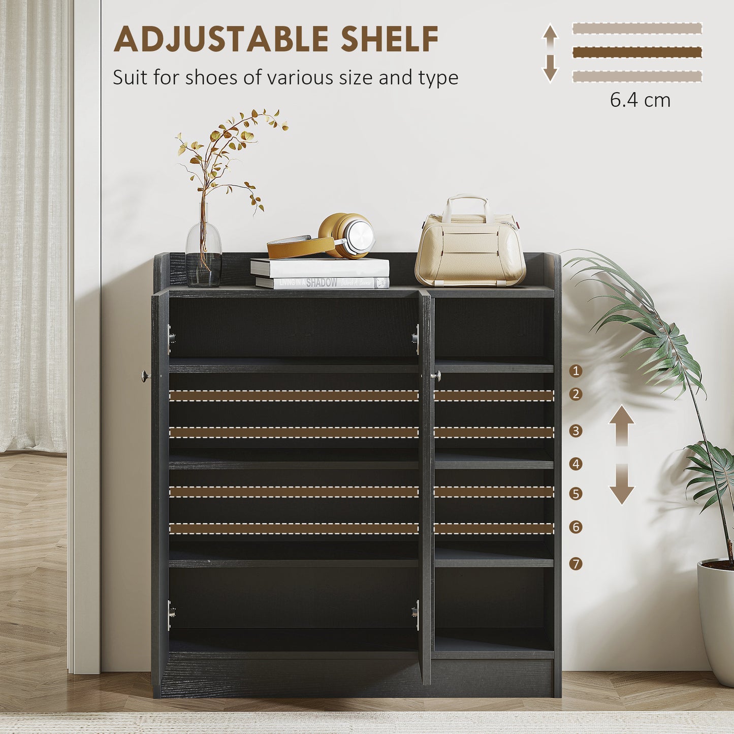 Rala Wooden Black Shoe Cupboard With 2 Doors 9 Shelves