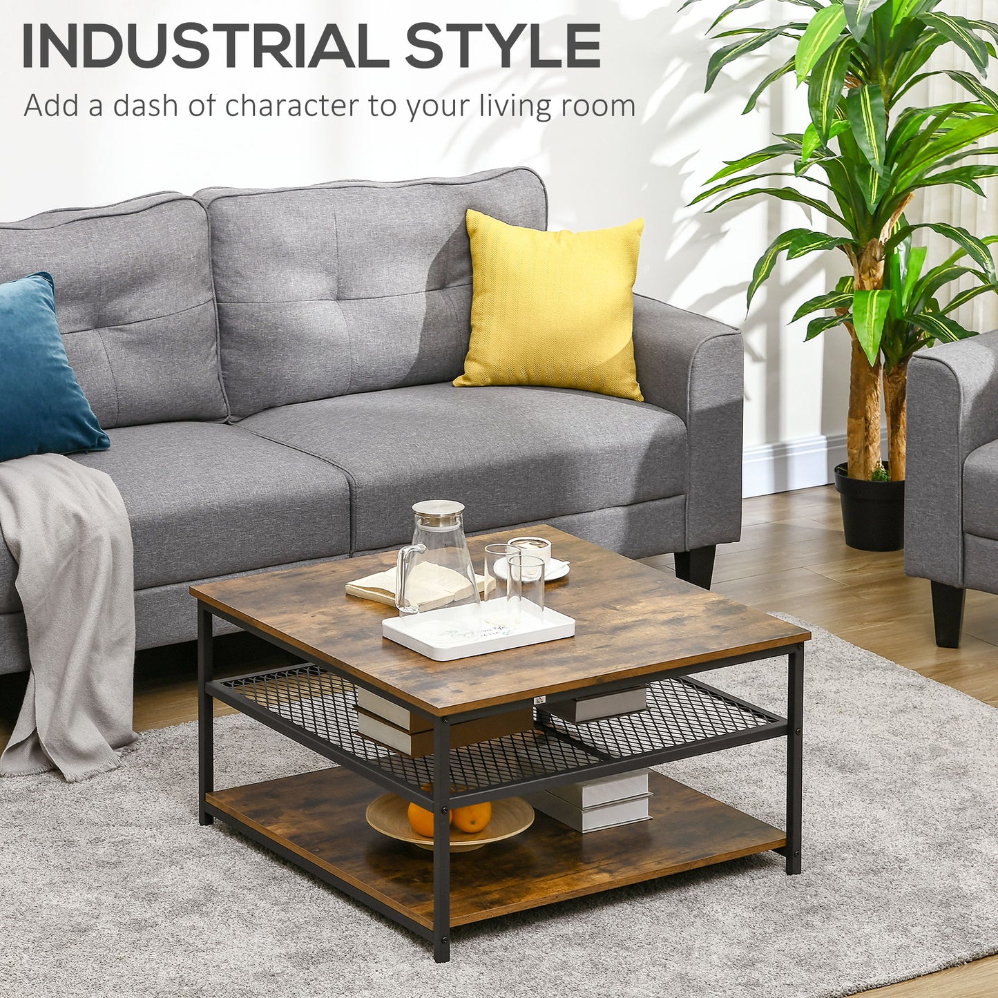 Nafata Wooden Rustic Brown Square Coffee Table With 3 Tier Shelves