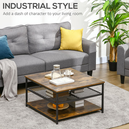 Nafata Wooden Rustic Brown Square Coffee Table With 3 Tier Shelves