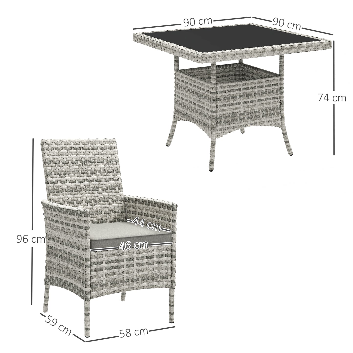 Noha Light Grey Rattan 4 Seater Outdoor Dining Set with Square Glass Table