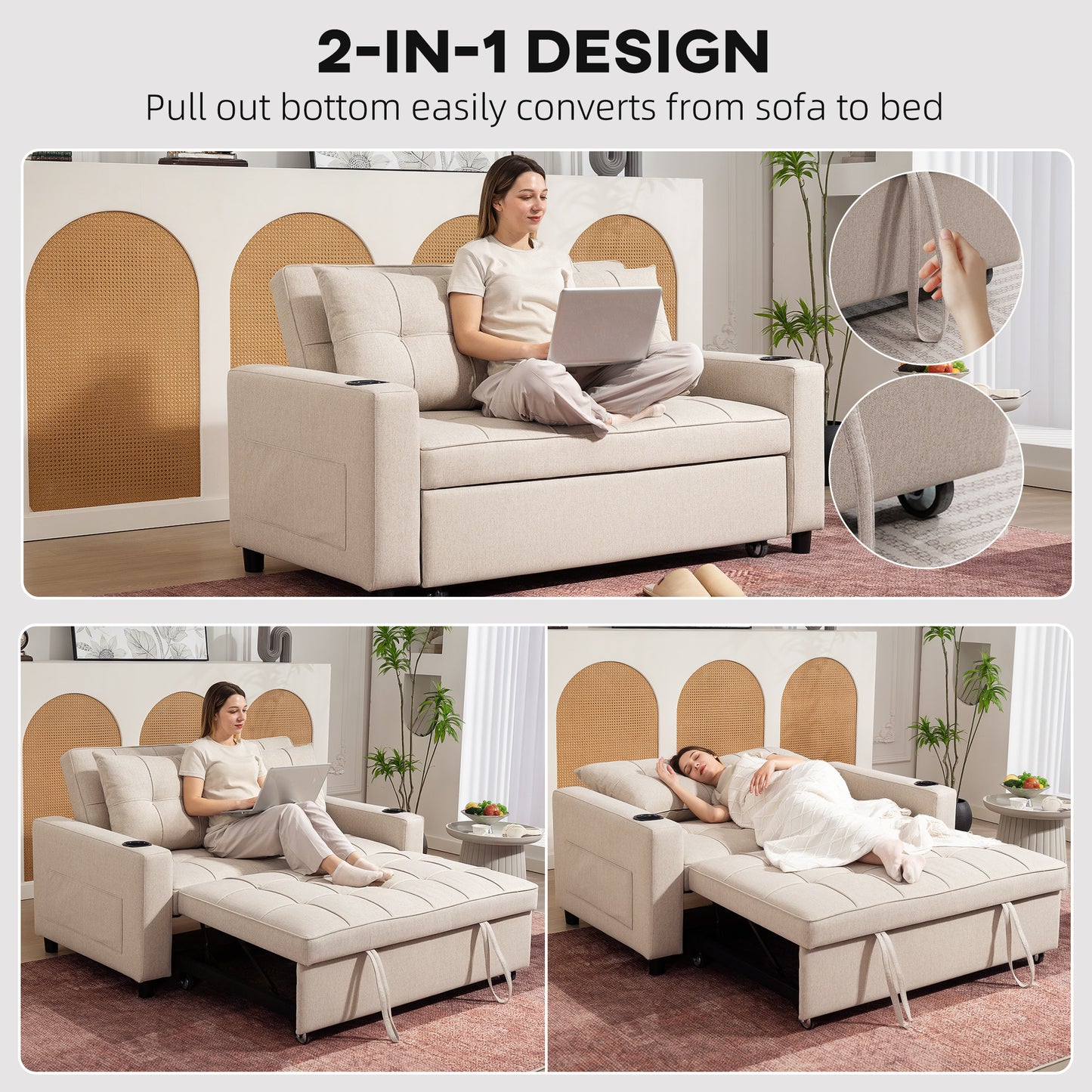 Kari Fabric Beige 2 Seater Pull Out Sofa Bed