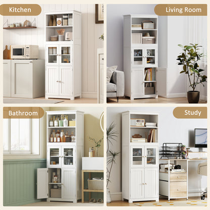 Doke Wooden White 4 Door Kitchen Cupboard With Glass Panels And Adjustable Shelves