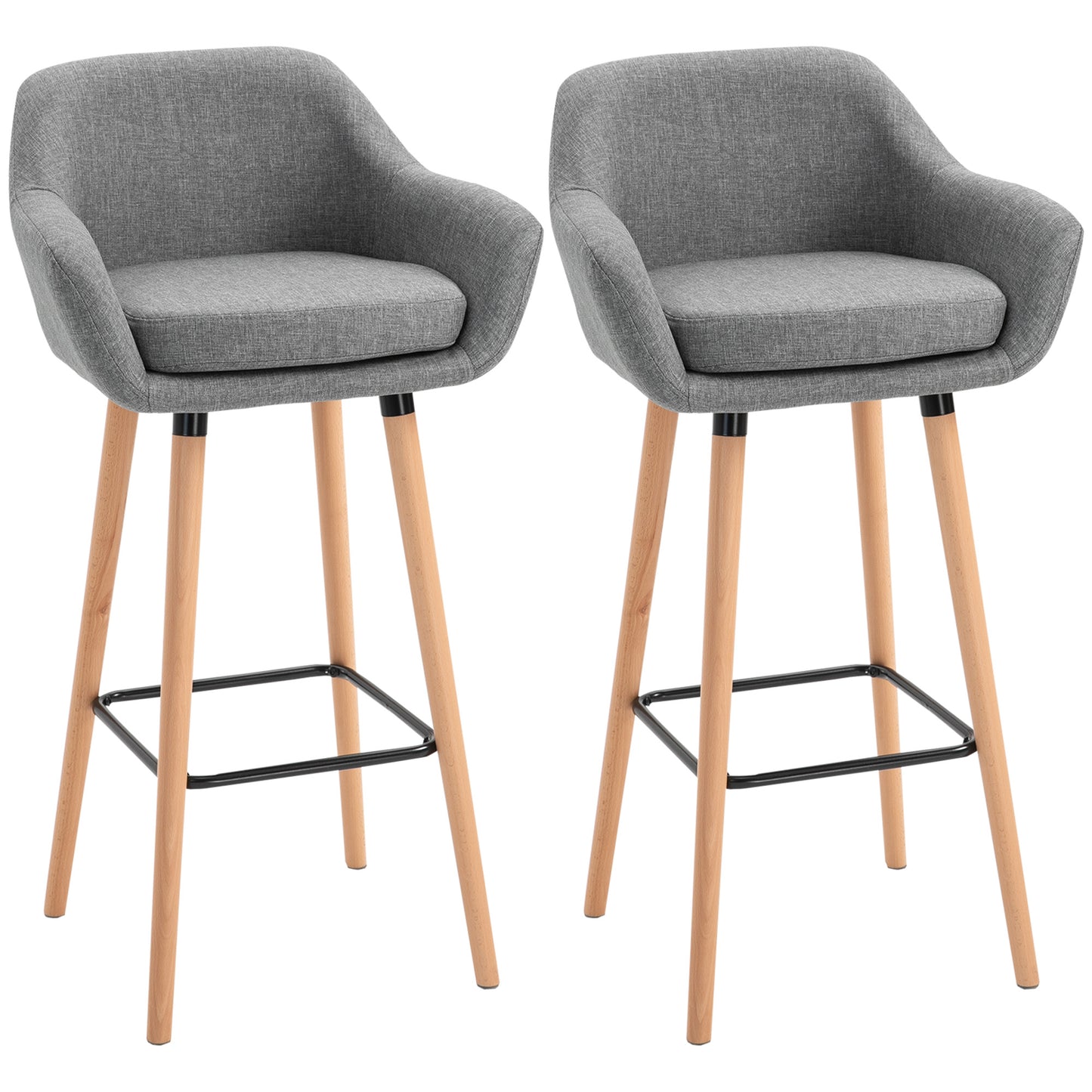 Nonozzi Fabric Grey Upholstered Bar Chairs Set Of 2 With Solid Wood Legs And Metal Frame