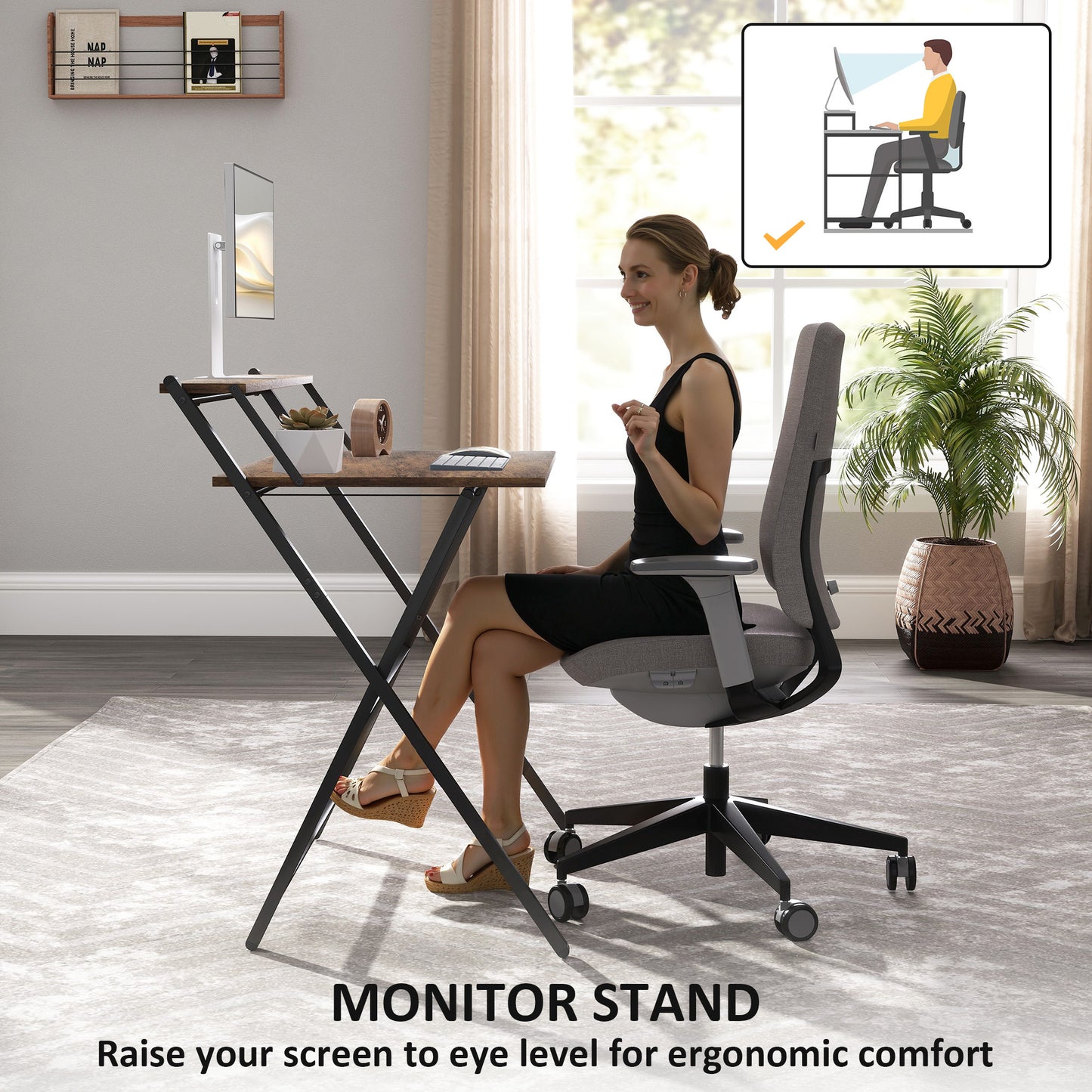 Veeldi 81cm Small Wooden Brown Rustic Folding Desk With Raised Monitor Shelf