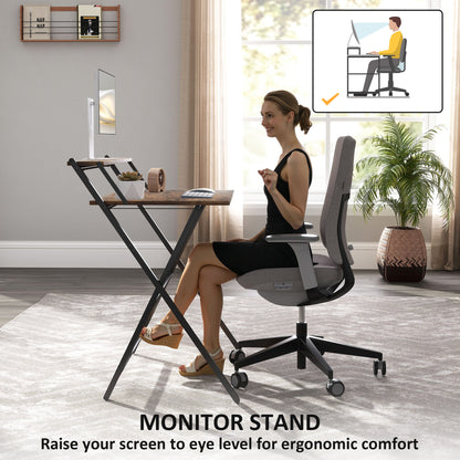 Veeldi 81cm Small Wooden Brown Rustic Folding Desk With Raised Monitor Shelf