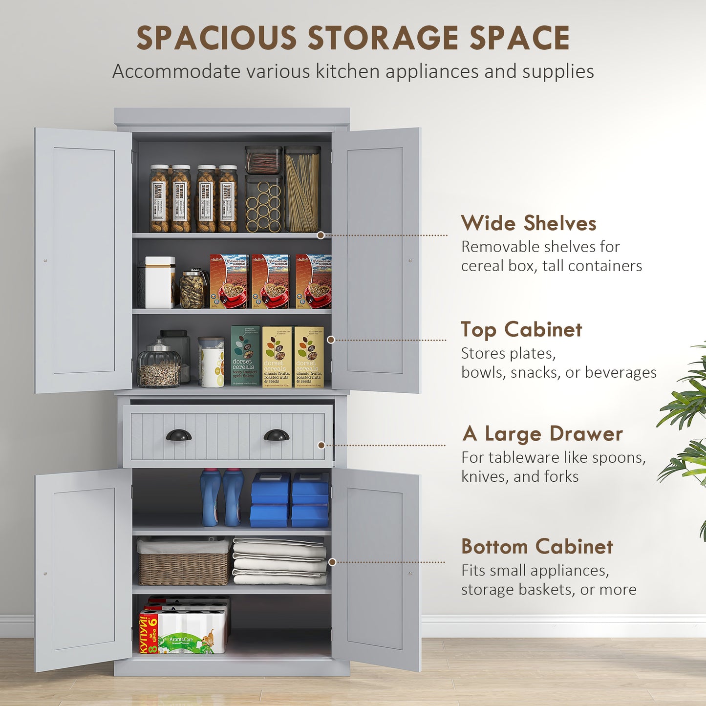 Somoel 183cm Wooden Grey Mid Century Panelled Storage Kitchen Cabinet Pantry