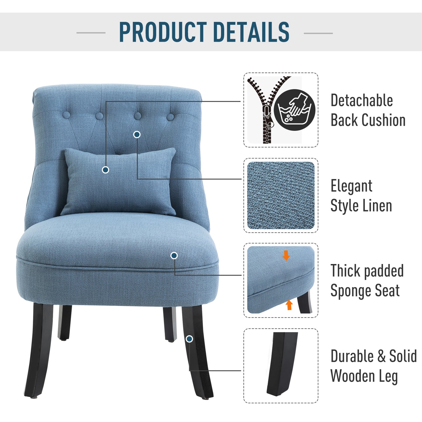 Sese Vera Fabric Blue Tub Style Accent Chair With Pillow And Solid Wood Legs