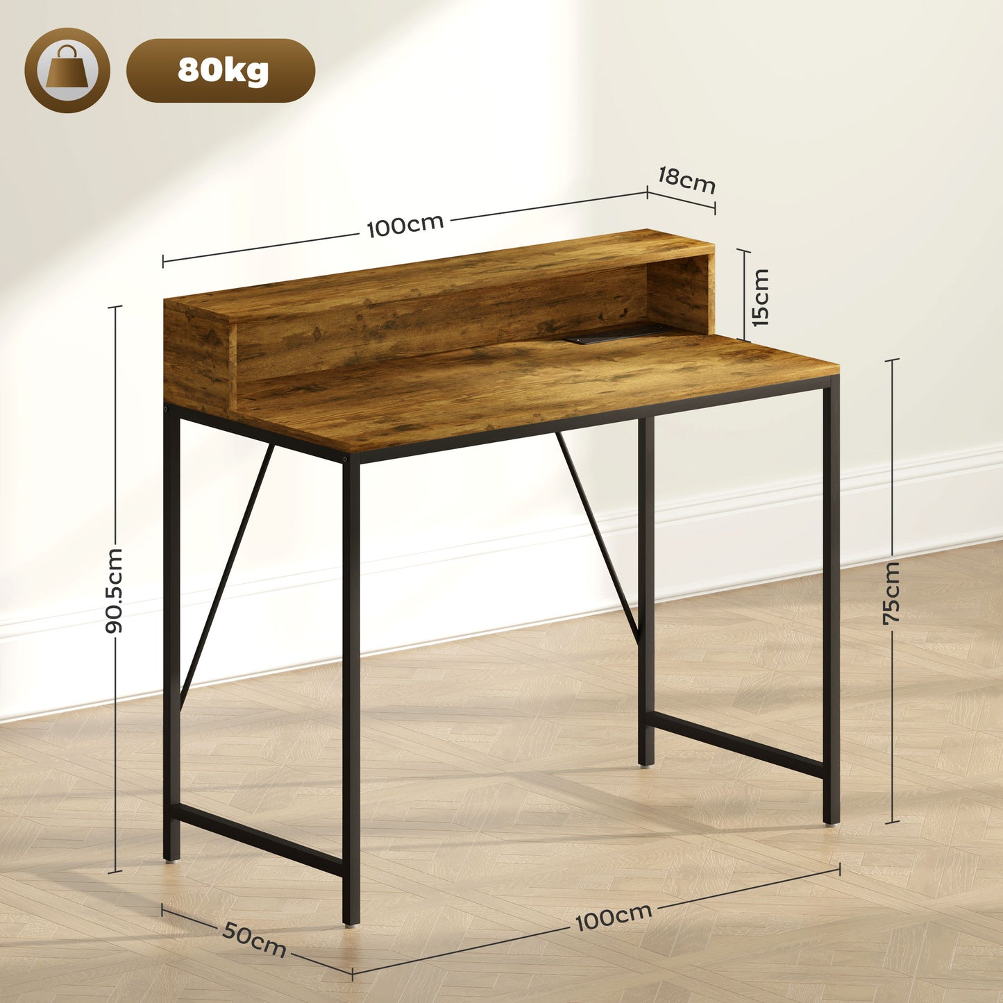 Rena Rustic Brown 100cm Gaming Desk With LED Lights Power Outlets And Monitor Stand
