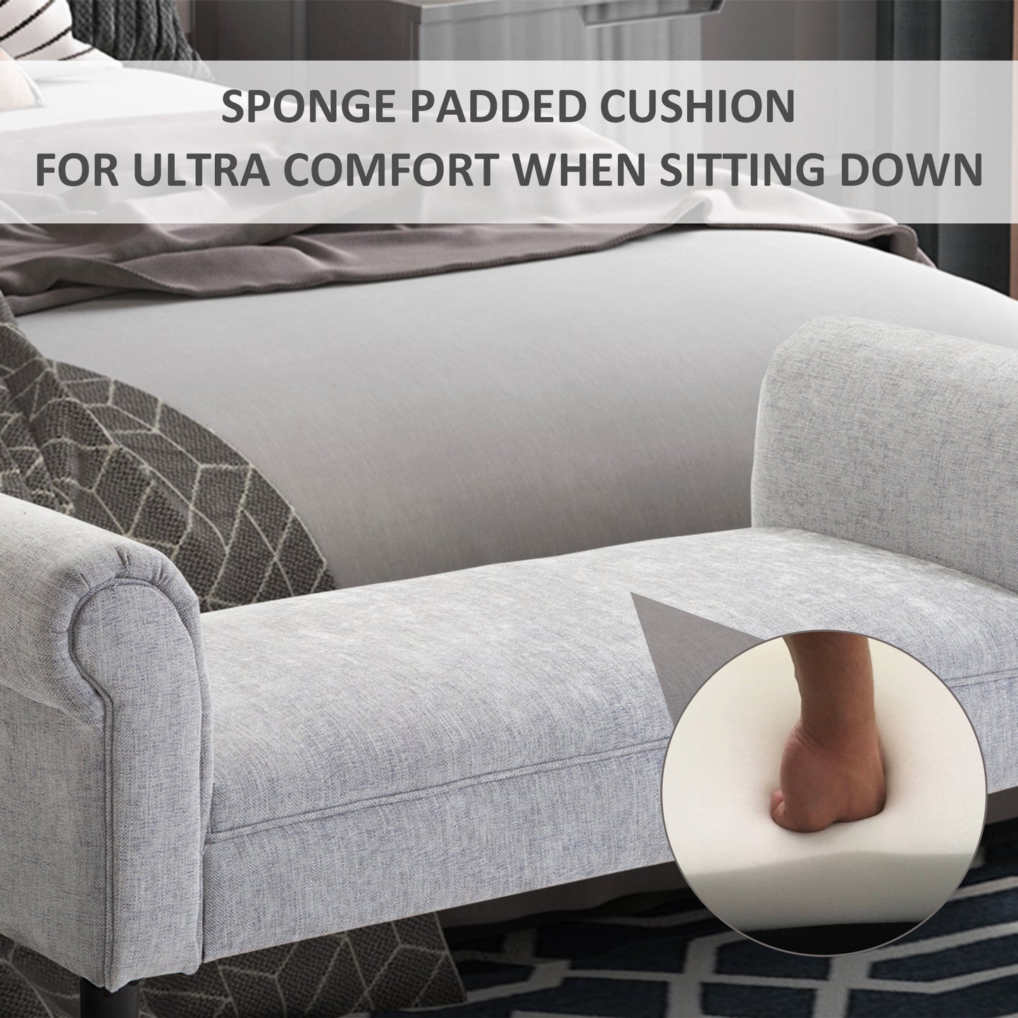 Bapazi Fabric Grey Upholstered Bed End Bench With Arm And Wooden Legs