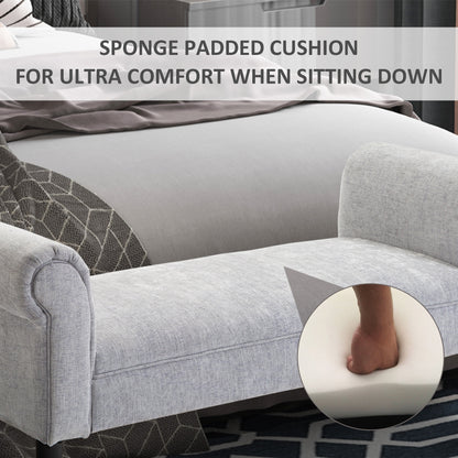 Bapazi Fabric Grey Upholstered Bed End Bench With Arm And Wooden Legs