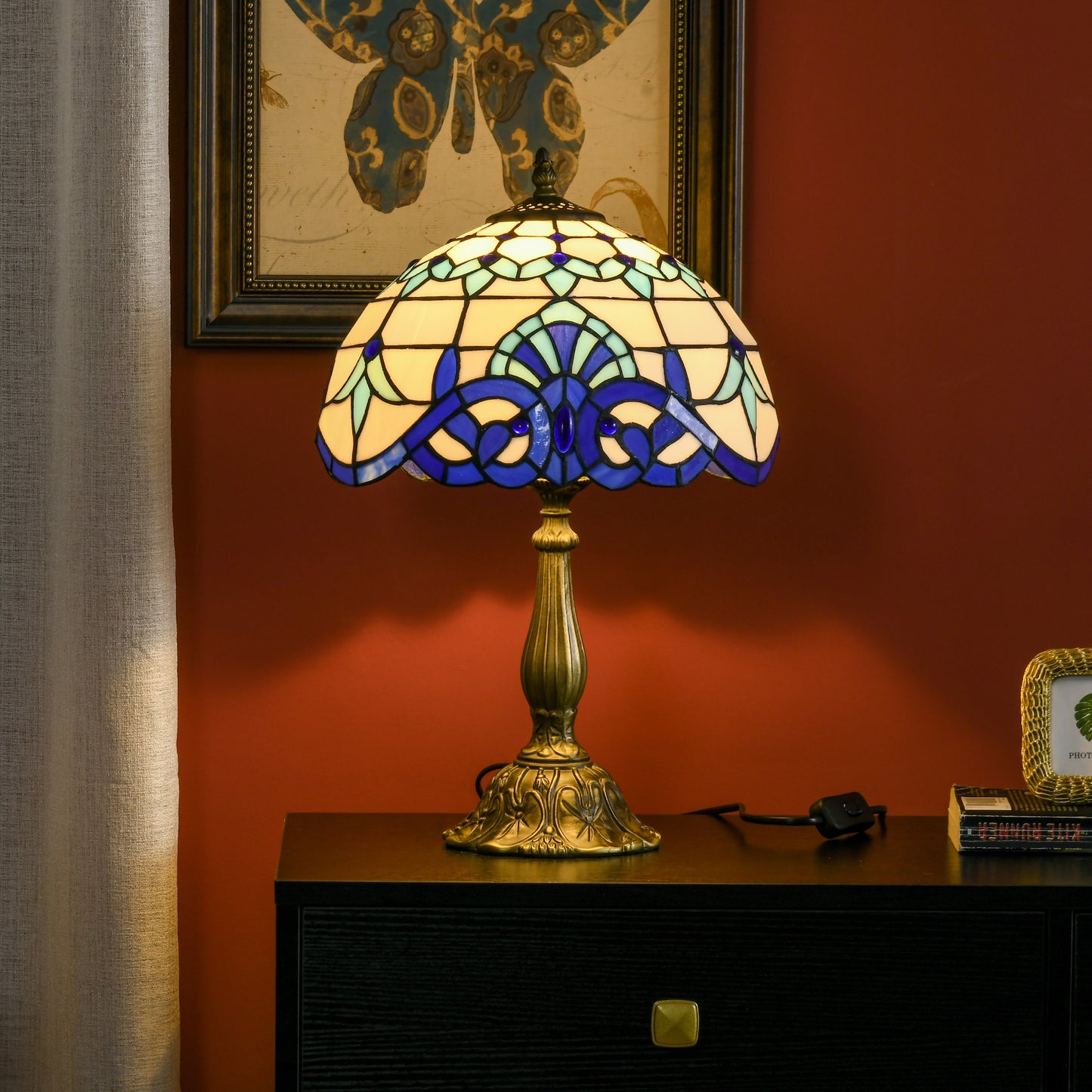Repatto Glass And Metal Blue Handcrafted Stained Glass Table Lamp
