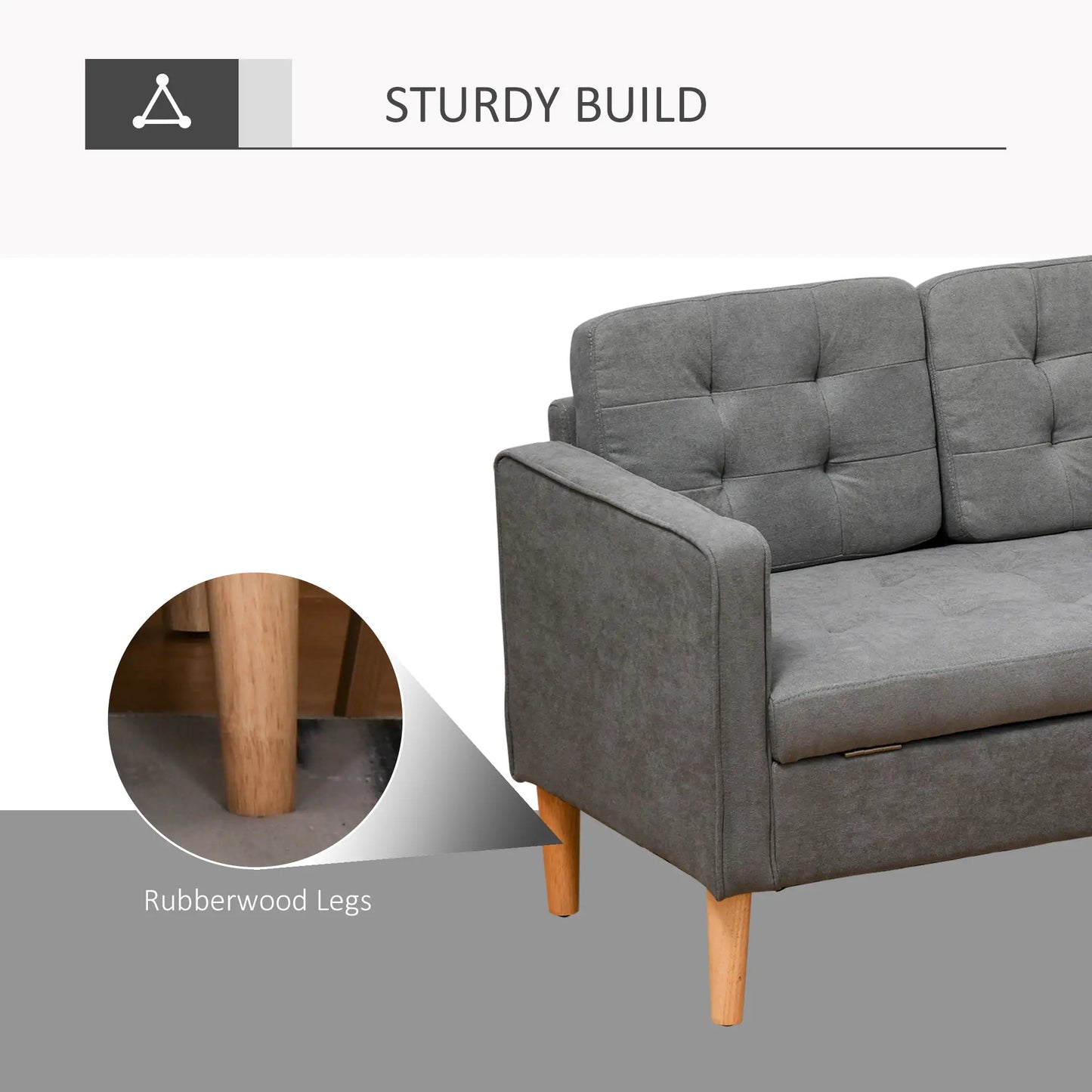 Fabric Grey 3 Seater Sofa With Hidden Storage Tufted Seat And Wooden Legs