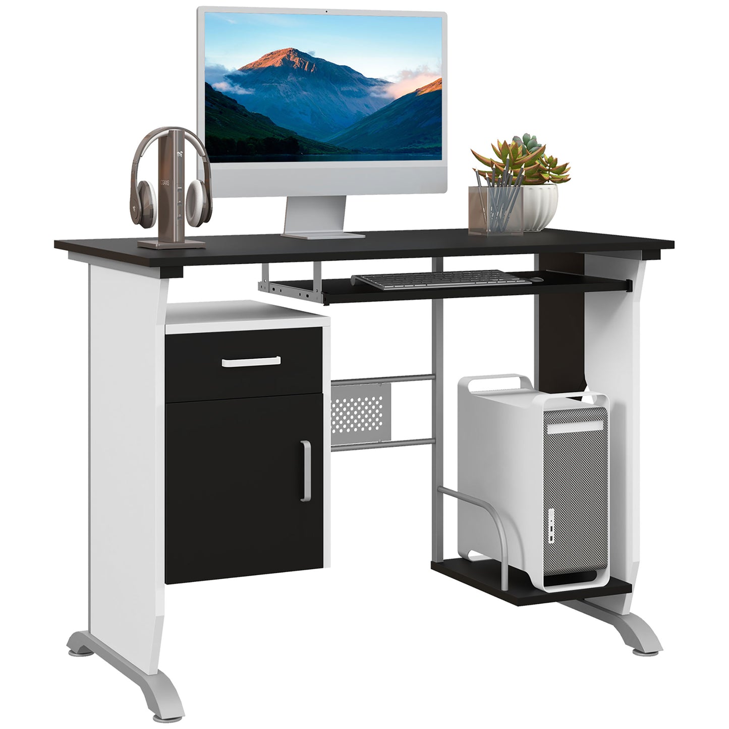 Tafi 100cm Wooden Black Home Office Desk With Keyboard Tray Drawers And Storage Shelves