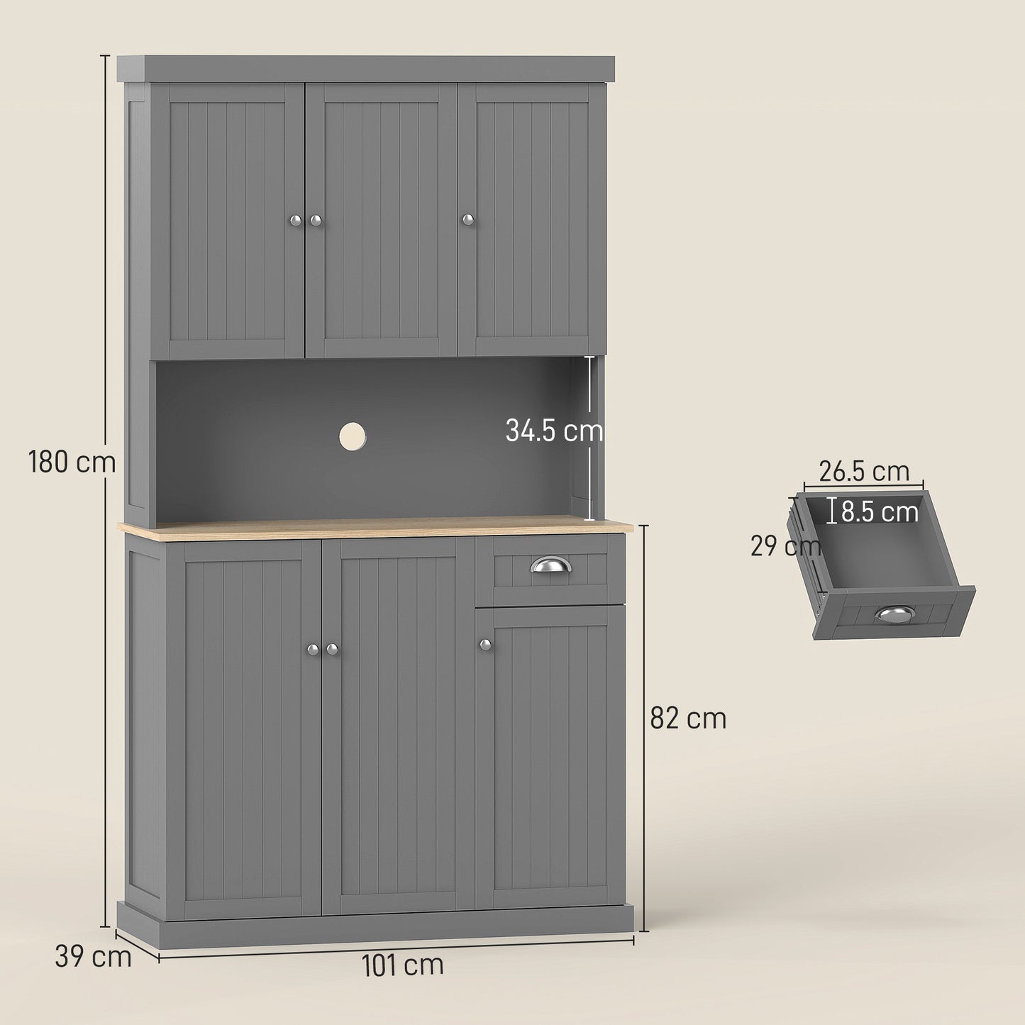 Ririlo Wooden Grey 180 cm Tall Kitchen Storage Cabinet With OFauxn Counter Drawers And 6 Doors