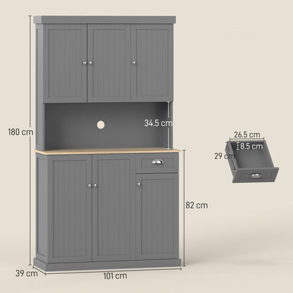 Ririlo Wooden Grey 180 cm Tall Kitchen Storage Cabinet With OFauxn Counter Drawers And 6 Doors
