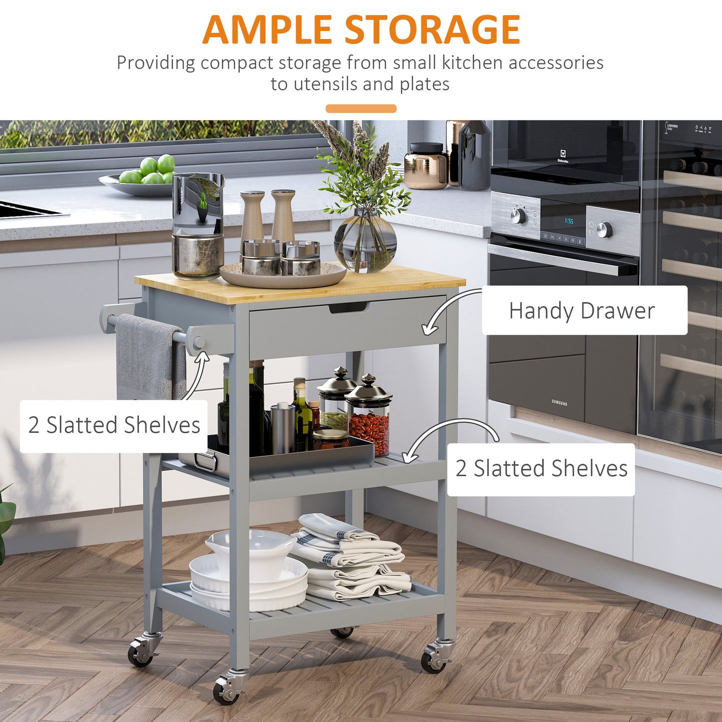 Vena Wooden Grey and Natural Kitchen Trolley With Worktop Drawer And Shelves