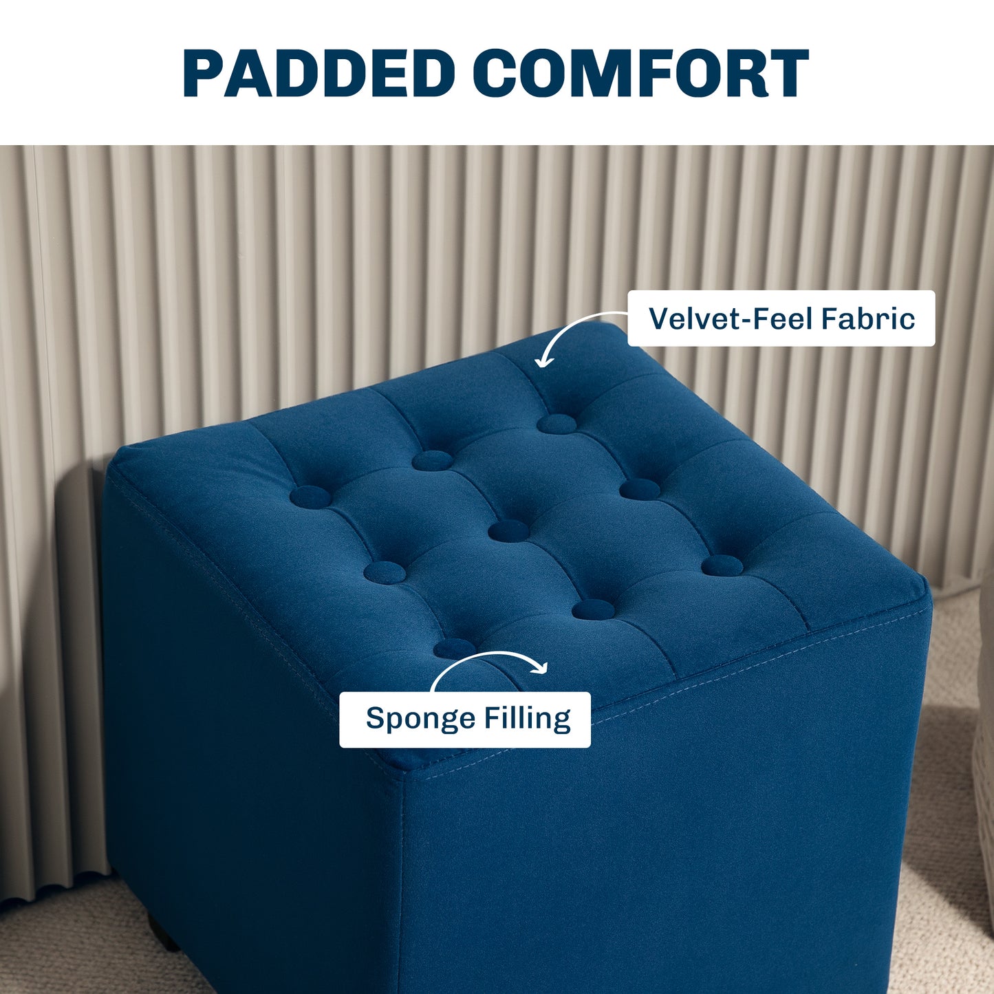 Dimano Velvet Blue Upholstered Square Ottoman Diamond Tufted Pattern