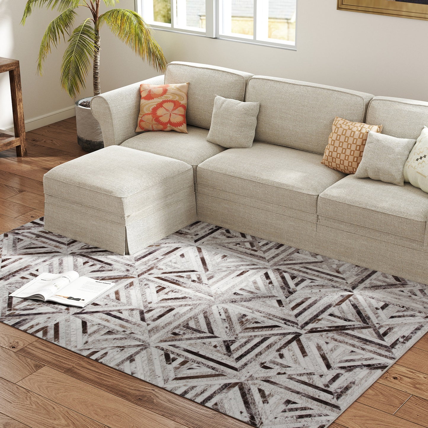 Fisuk 290 x 200cm Chenille Brown Triangle Pattern Non Slip Washable Rug