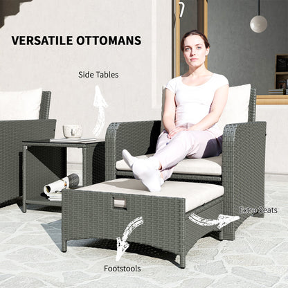 Mami Rattan Grey and White Outdoor Garden Bistro Set With 2 Tier Coffee Table And Footstools