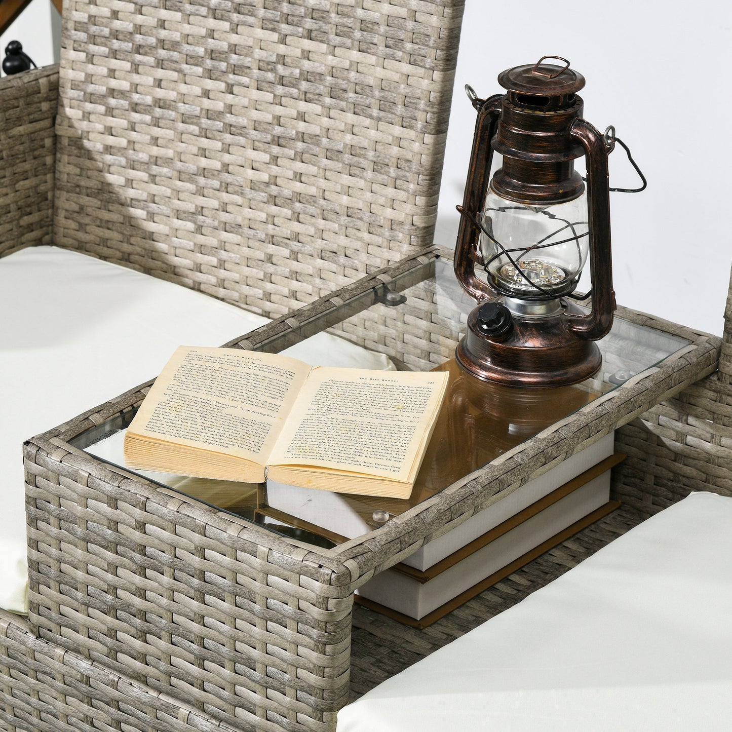 Hamoba Faux Rattan Grey 2 Seat Garden Chair With Integrated Centre Table