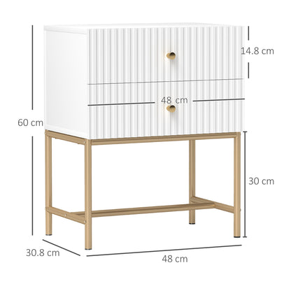 Lelu Rata White and Gold Elegant 2 Drawer Ribbed Bedside Table