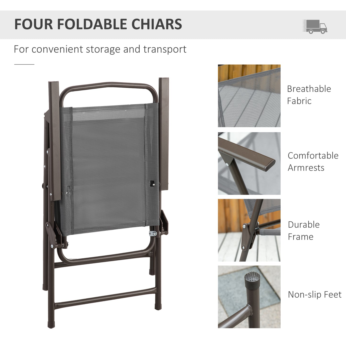 Misotte Metal and Mesh Light Grey 4 Seater Garden Dining Set With Parasol Folding Chairs And Glass Table