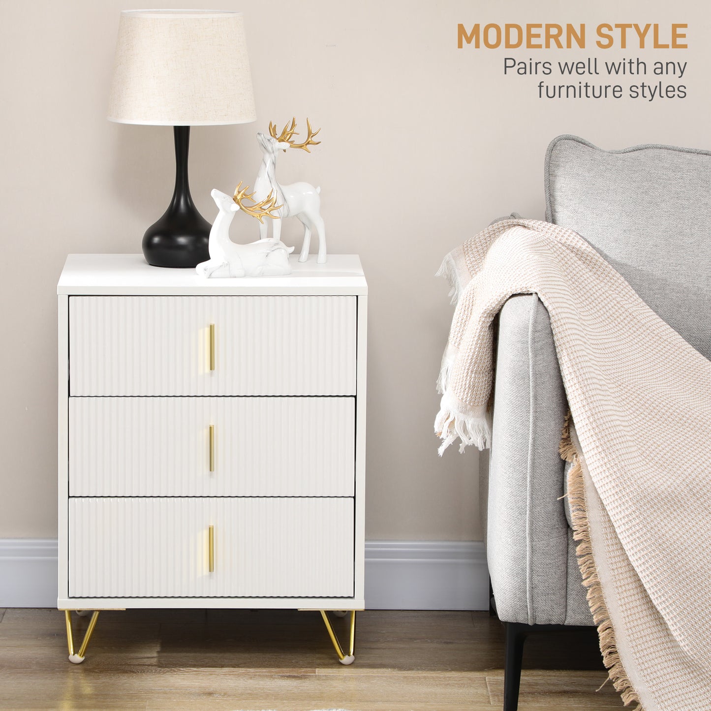 Renina Set Of 2 Wooden White and Gold Tone 3 Drawer Elegant Storage Bedside Tables