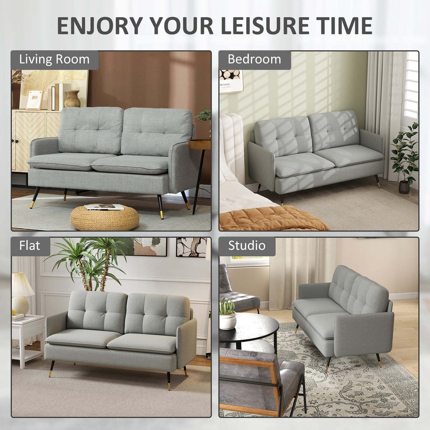 Fine Fabric Grey Button Tufted 2 Seater Sofa With Cushions And Steel Legs