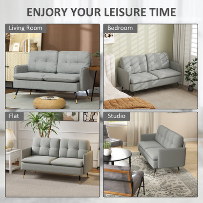 Fine Fabric Grey Button Tufted 2 Seater Sofa With Cushions And Steel Legs