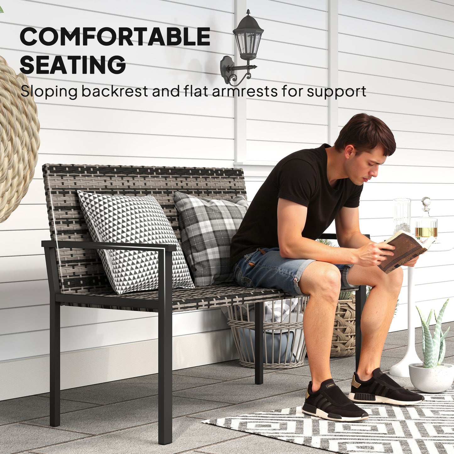 Batare Rattan Grey 2 Seater Garden Bench With Armrests
