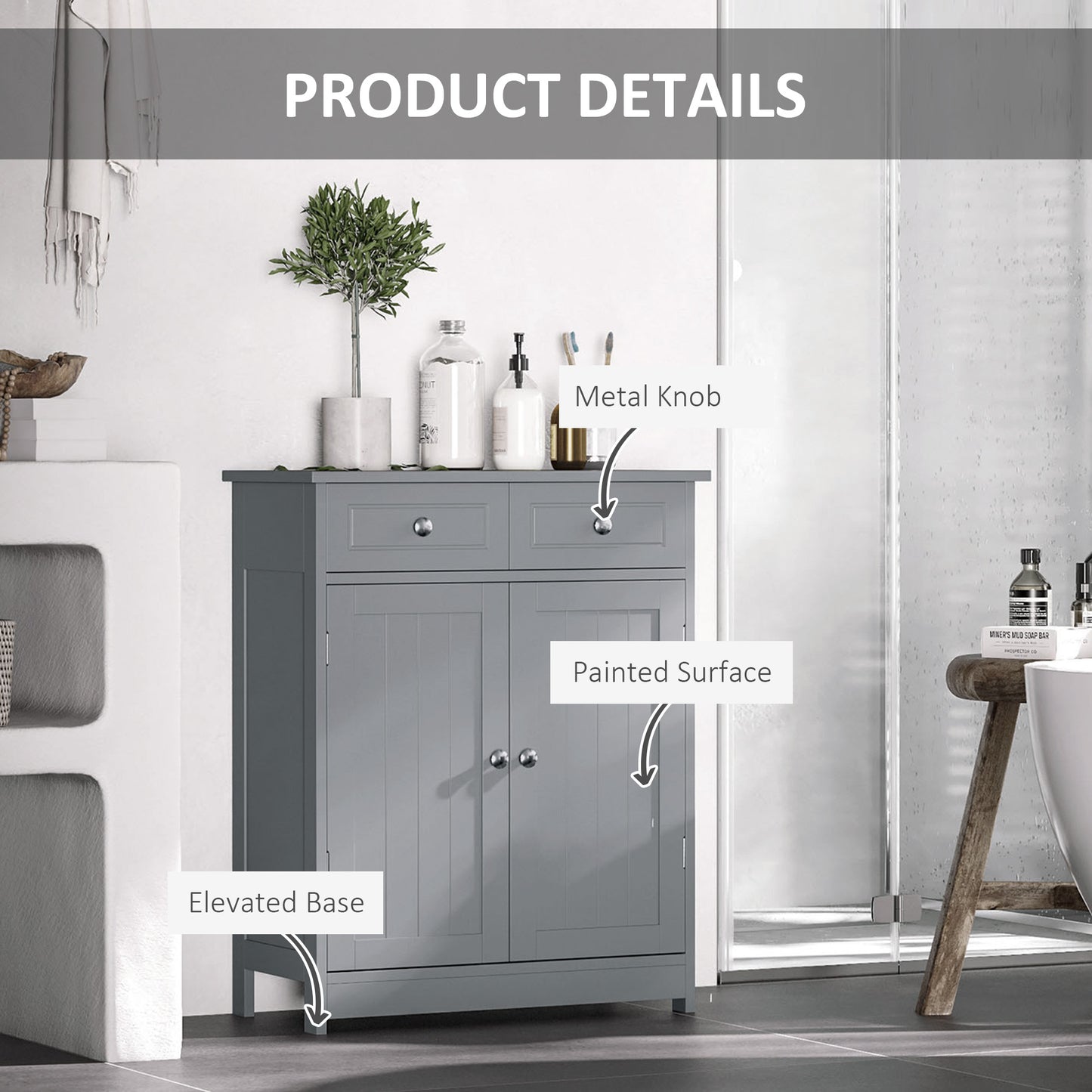 Letare Freestanding Bathroom Storage Cabinet With 2 Drawers And Cupboard Traditional Grey Finish 75x60cm