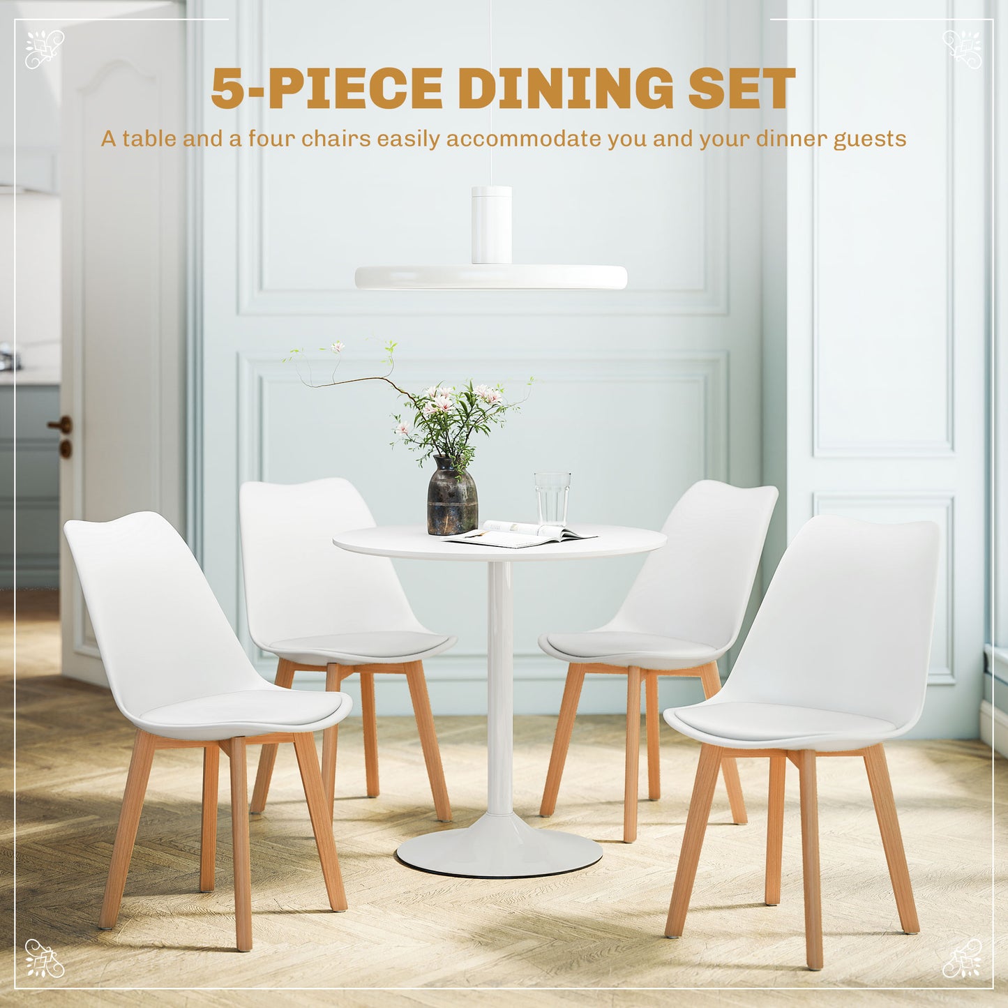 Vala Plastic and Wood White 5 Piece Modern Dining Table And Chair Set