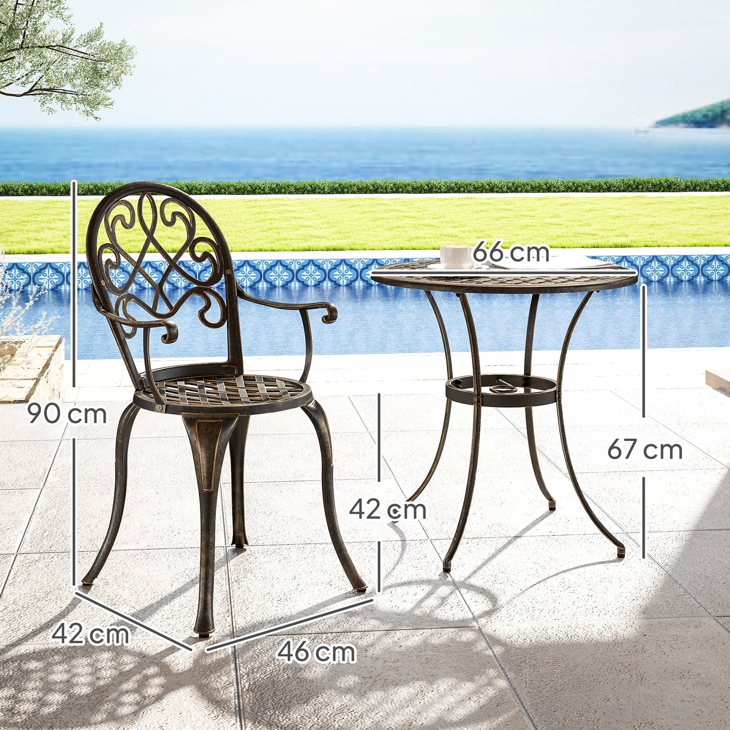 Ziraro Aluminium Bronze Tone 3 Piece Elegant Garden Bistro Set