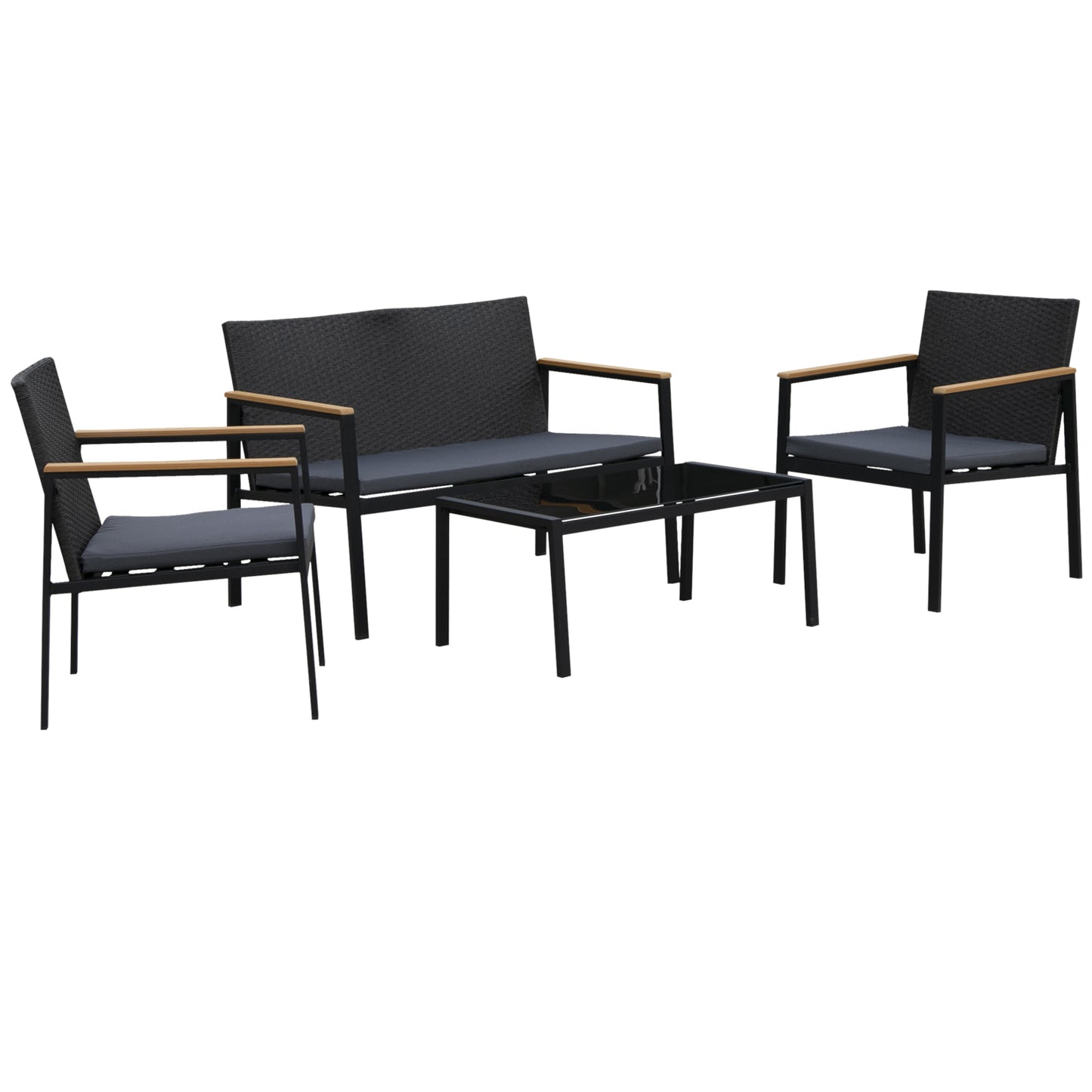 Rasedo Rattan Black 4 Seater Outdoor Sofa Set With Loveseat Armchairs Glass and Coffee Table