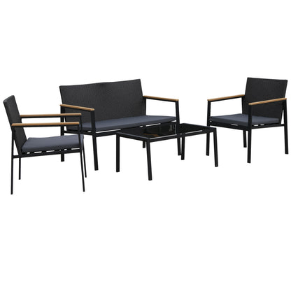 Rasedo Rattan Black 4 Seater Outdoor Sofa Set With Loveseat Armchairs Glass and Coffee Table