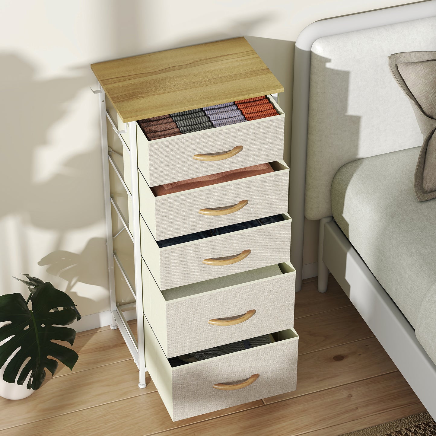 Batoro Fabric And Metal Beige 5 Drawer Storage Chest