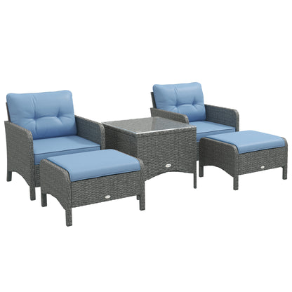 Notori Faux Rattan Blue 5 Piece Garden Bistro Set With 2 Armchairs Stools And Glass Table