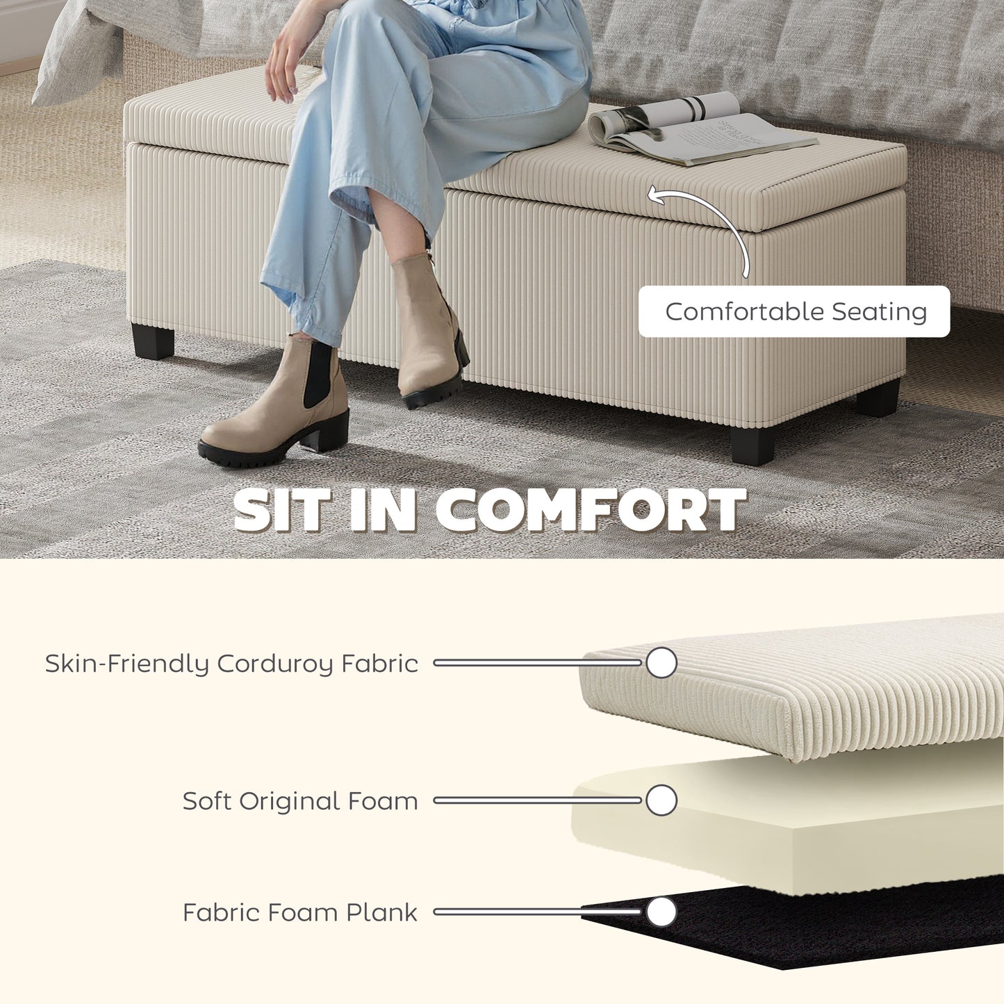 Toha Beige Corduroy Storage Ottoman Bench With Removable Lid