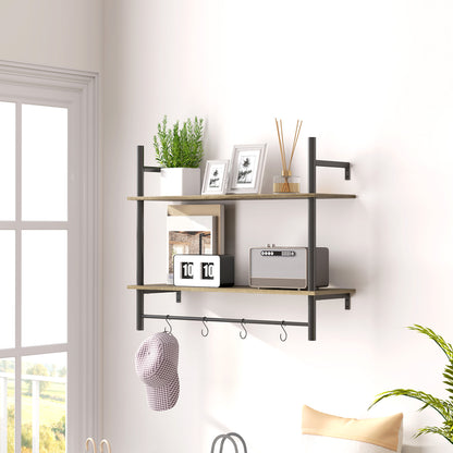 Vimoso Wood Grey Wall Mounted Floating Shelves With 4 Hooks For Entryway And Living Space