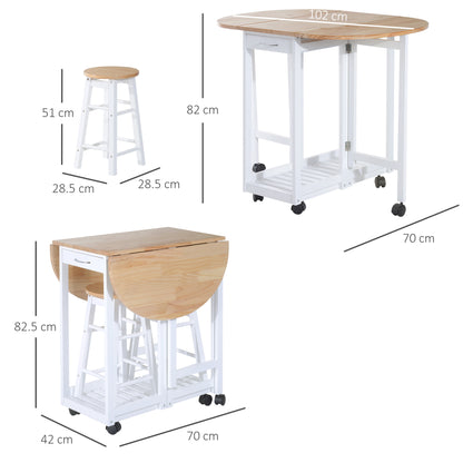 Rasola Wooden White Mobile Drop Leaf Dining Table With Stools Drawers Shelving And Wheels