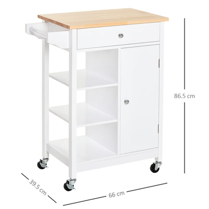 Yota Wooden White Kitchen Island On Wheels With Wood Top Shelves And Storage Cupboard