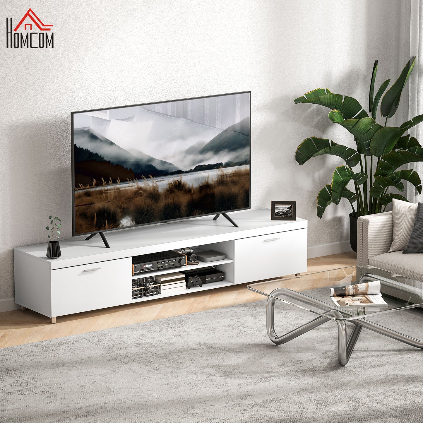 Lata 200cm Wooden White Entertainment Unit With Storage For TVs Up To 90 Inches
